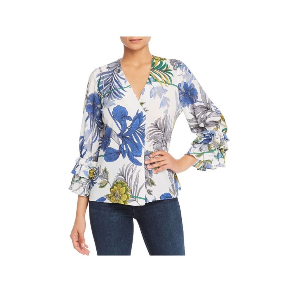 LE GALI Womens White Floral Bell Sleeve V Neck Top Size: S